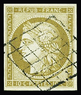 N°1 10c bistre-jaune, obl. grille, TB. Signé Scheller