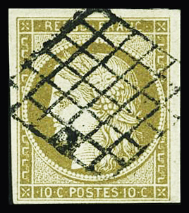 N°1b 10c bistre-verdâtre, obl. grille, TB. Signé Scheller