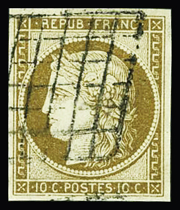 N°1a 10c bistre-brun, obl. grille, TB. Signé Scheller