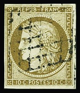 N°1a 10c bistre-brun, obl. grille, TB. Signé Scheller