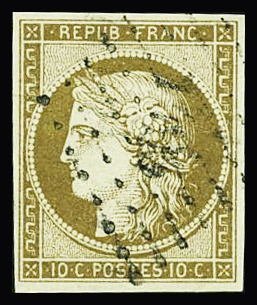 N°1a 10c bistre-brun, obl. PC, TB. Signé Scheller