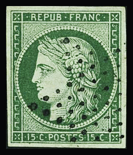 N°2 15c vert, obl. étoile, TB. Signé Scheller