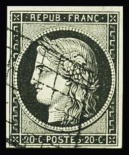 N°3c 20c gris-noir obl. grille, TTB. Signé Scheller