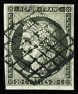 N°3i 20c gris obl. grille, TTB. Signé Calves, Scheller