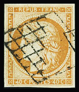N°5 40c orange obl. grille, TB. Signé Scheller