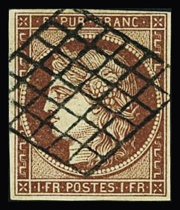 N°6B 1f carmin-brun, obl. grille propre, TTB. Signé