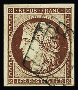 N°6B 1f carmin-brun, obl. grille propre, TTB. Signé