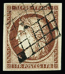 N°6B 1f carmin-brun, obl. grille propre, TTB. Signé