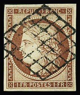 N°6A 1f rouge-brun, obl. grille propre, SUP. Signé