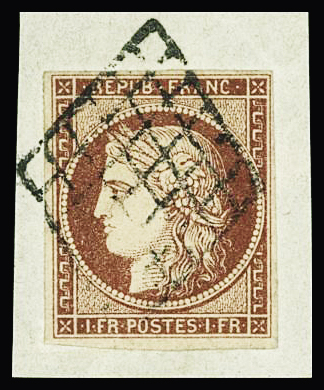 N°6A 1f rouge-brun, obl. grille propre sur petit fragment,