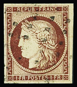 N°6 1f carmin sur jaune, obl. gros points, TTB. Signé