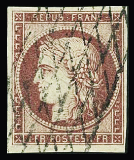 N°6 1f carmin, obl. grille sans fin, TTB. Signé Scheller