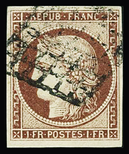 N°6 1f carmin, obl. grille, TTB. Signé Scheller