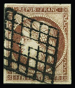 N°6A 1f rouge-brun, obl. grille propre, SUP. Signé