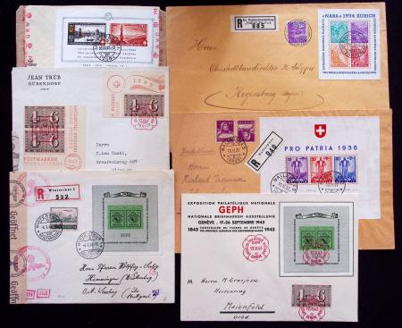 1934-55, Blocs-feuillets: Selection de 14 lettres commerciales