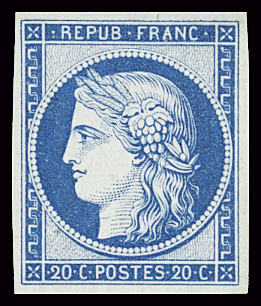 N°8f 20c bleu, réimpression de 1862, neuf *, très frais,