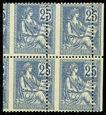 N°118m 25c bleu Mouchon en bloc de 4, avec piquage