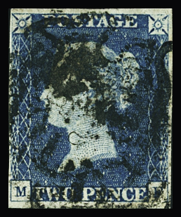 1840 2d blue, M-F, cancelled Maltese Cross, very fine.