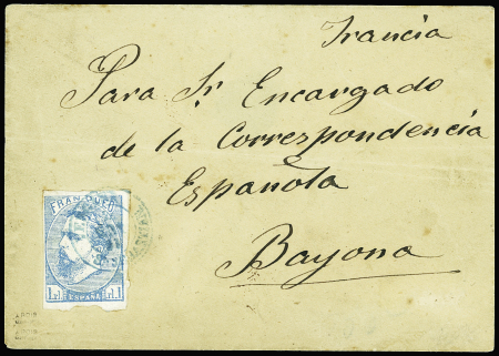 Espagne, timbre carliste n°1, 1R. Bleu clair obl CAD