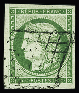 N°2 15c vert, obl. GRILLE, dégageant l'effigie et bien