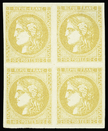 N°43B 10c bistre-jaune Report 2, bloc de 4, bien margé,