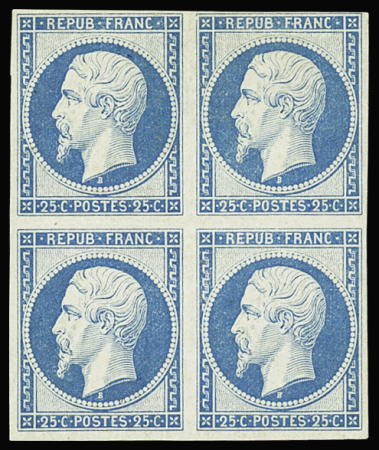 N°10c 25 bleu, réimpression de 1862 en bloc de 4
