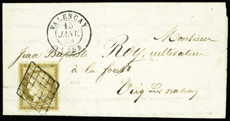 N°1a 10c bistre-brun seul sur lettre, Cad du 15 janv.