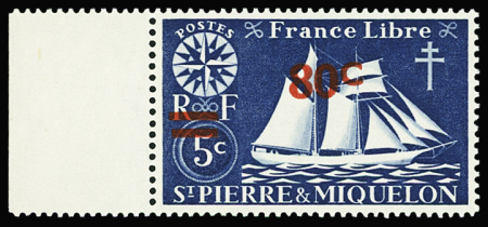 N°317a 80 c. sur 5 f bleu-gris (R), variété surcharge
