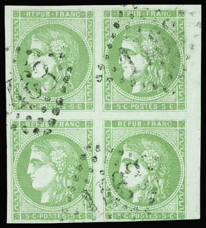 N°42B 5c vert jaune, Report 2, bloc de 4, obl. GC 1463
