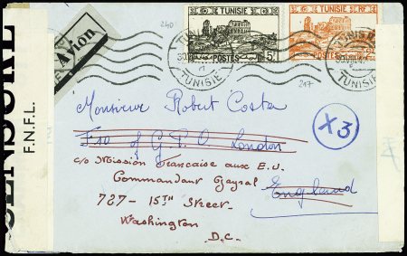 Tunisie n°217 + 240 obl Tunisie RP (30.8.42) sur l