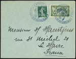 N°137 + 143 obl cachet bleu avec déesse assise "Rés