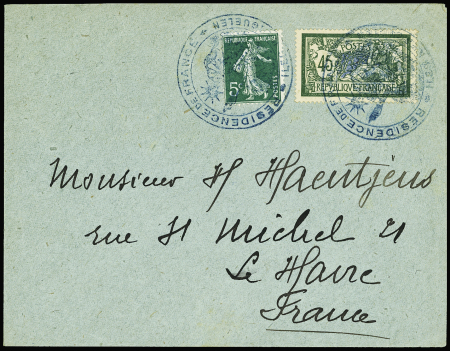 N°137 + 143 obl cachet bleu avec déesse assise "Rés