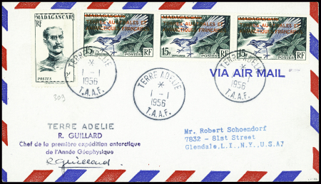 Madagascar n°309 en mixte avec TAAF n°1 en bande d