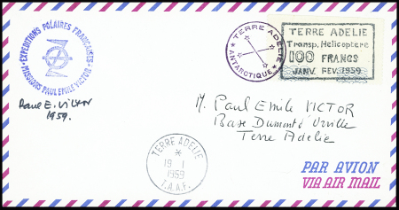 Lettre avec étiquette de fortune "Terre Adélie tra