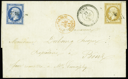 N°14 obl PC 3716 + T22 "Tunis *" (1861) + CAD roug