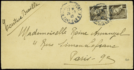 N°404 1c Mercure sépia en paire verticale obl Mais