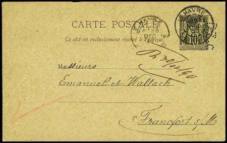 Entier carte postale 10c Sage noir sur paille perf