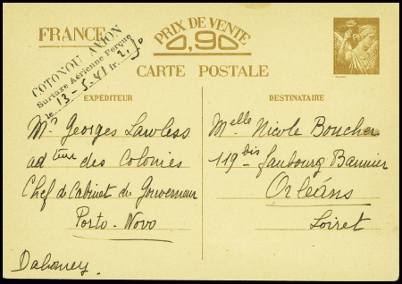 Entier CP 90c Iris interzones de Porto-Novo pour O