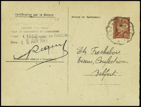 Entier 5000 points textiles 1F20 Pétain obl convoy