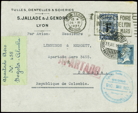 N°181 + timbre consulaire 30c bleu Scadta de Colom