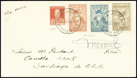 Argentine n°281 + PA1 à 3 obl CAD "Via aerea Bueno