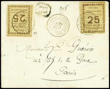 N°11 25c brun sur chamois, 2 pièces obl CAD "tanan