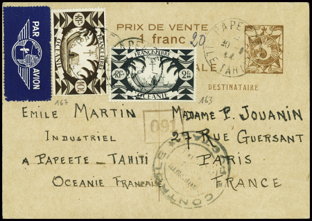 N°163 + 167 obl Papeete (1944) sur entier CP inter