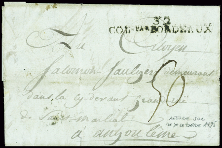 MP d'entrée "Col par Bordeaux" sur lettre d'un réf