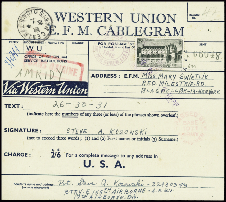 N°611 obl CAD violet de l'APO 673 (1945) sur télég