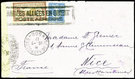 N°121 + 140 obl griffe encadrée noire "Armées alli