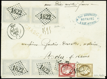 N°33 5f violet gris 2 paires + n°38 40c et n°57 80c