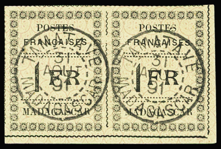 N°12 1 f noir sur jaune, en paire, obl. bien centrées,