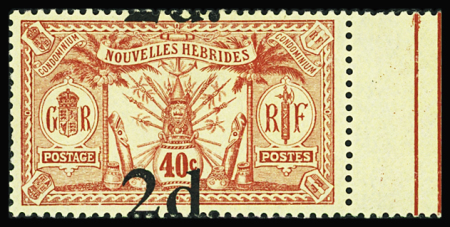 N°69a 2d. sur 40c., variété surcharge déplacée verticalement