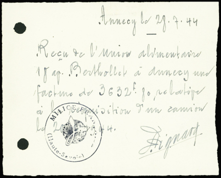 Annecy 28.7.44 : reçu manuscrit pour un camion ave